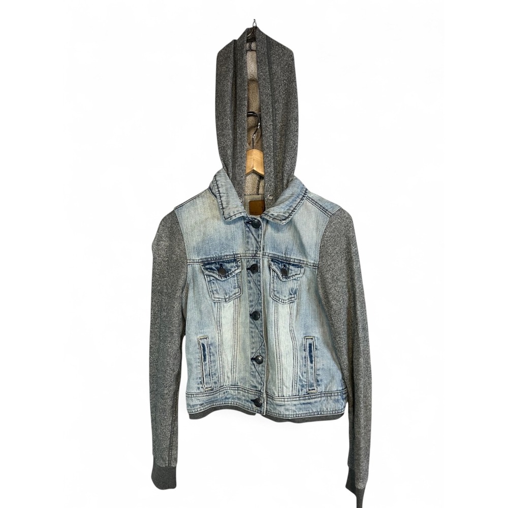 American Eagle Denim Jacket Mens Medium Gray Knit Hooded Sleeves Light Wash M